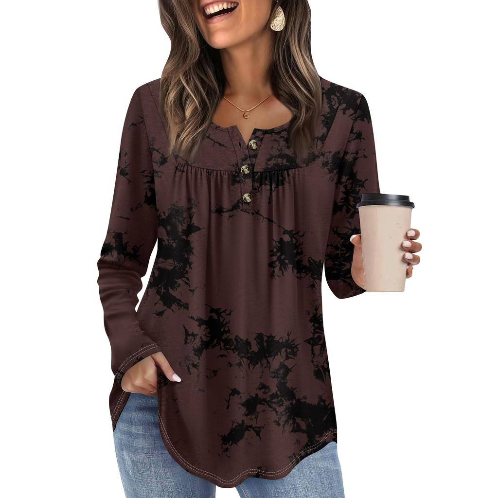 Dame Langermet Tunika Løse Topper Casual Oversized Topper Plissert Tunika Knapper Ned Casual Dame Print Topper