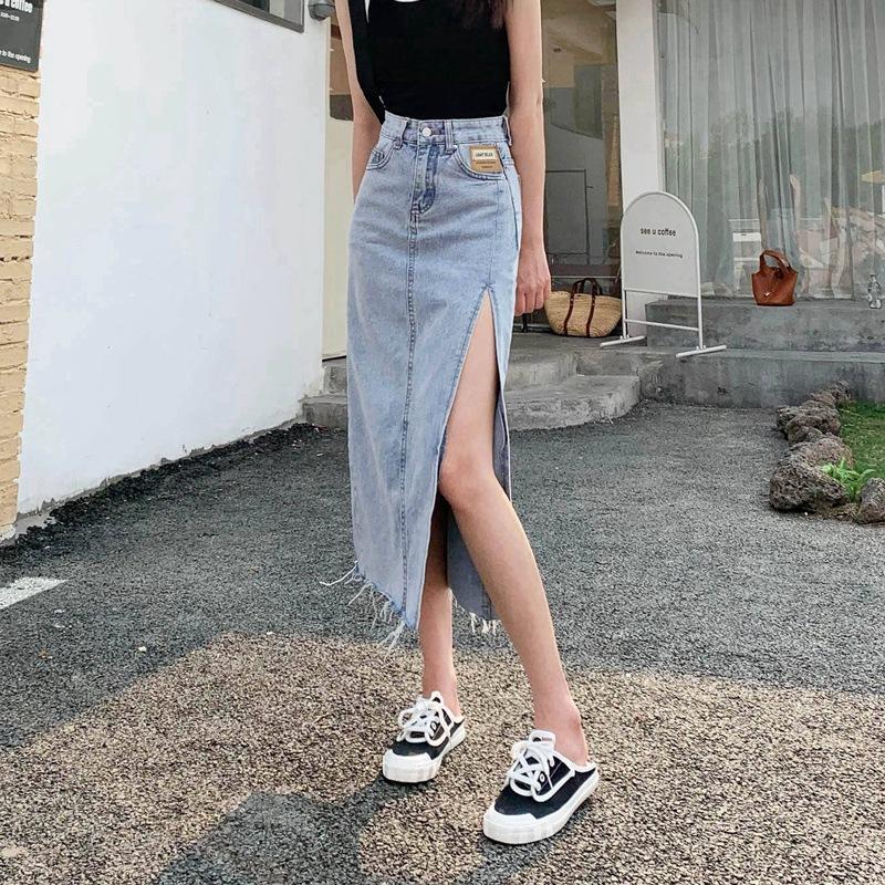 Элегантная женская летняя черная юбка-бюстье с высокой талией и разрезом сбоку, средней длины, универсальная, удобная, модная, джинсовая юбка-бюстье S