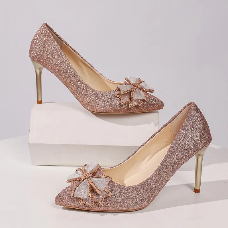 Fashion French Butterfly Wedding Shoes Women's Stiletto Pointed Toe High Heels Champagne