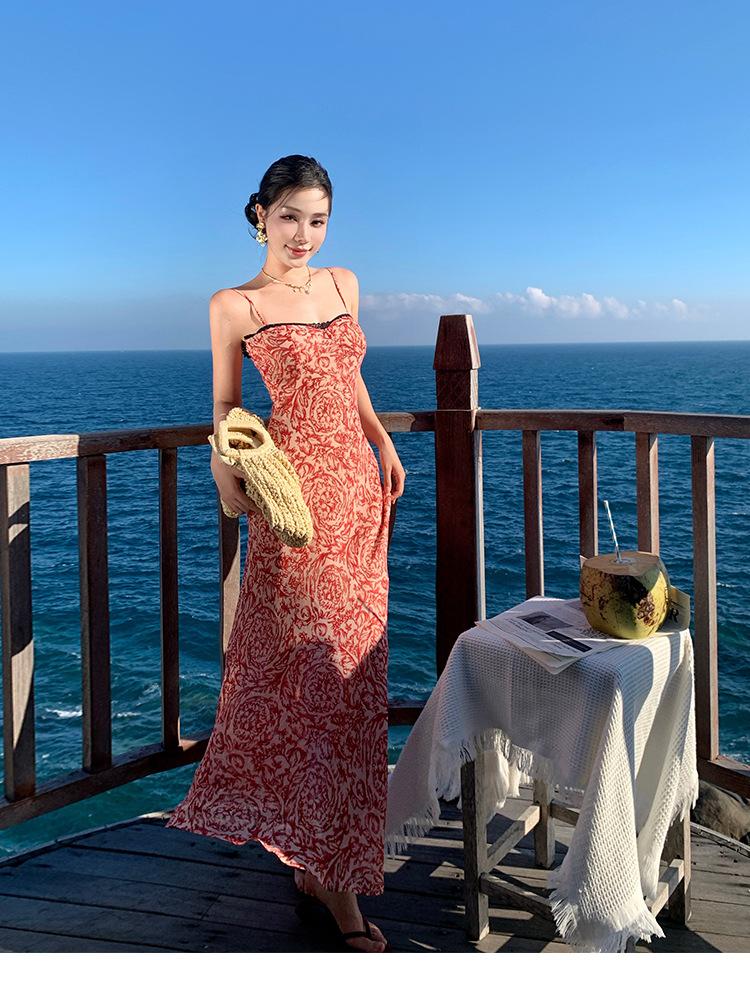 Lace contrasting color floral suspender long dress female 2026 slightly drunk rum summer slim and thin