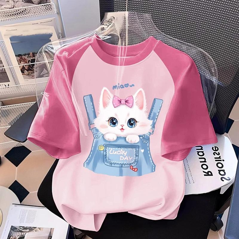 

Летняя футболка с принтом кошки и животных для детей и взрослых, с коротким рукавом, женская, мультяшная, каваий, с круглым вырезом, оверсайз, женские футболки, топ, одежда для девочек 140
