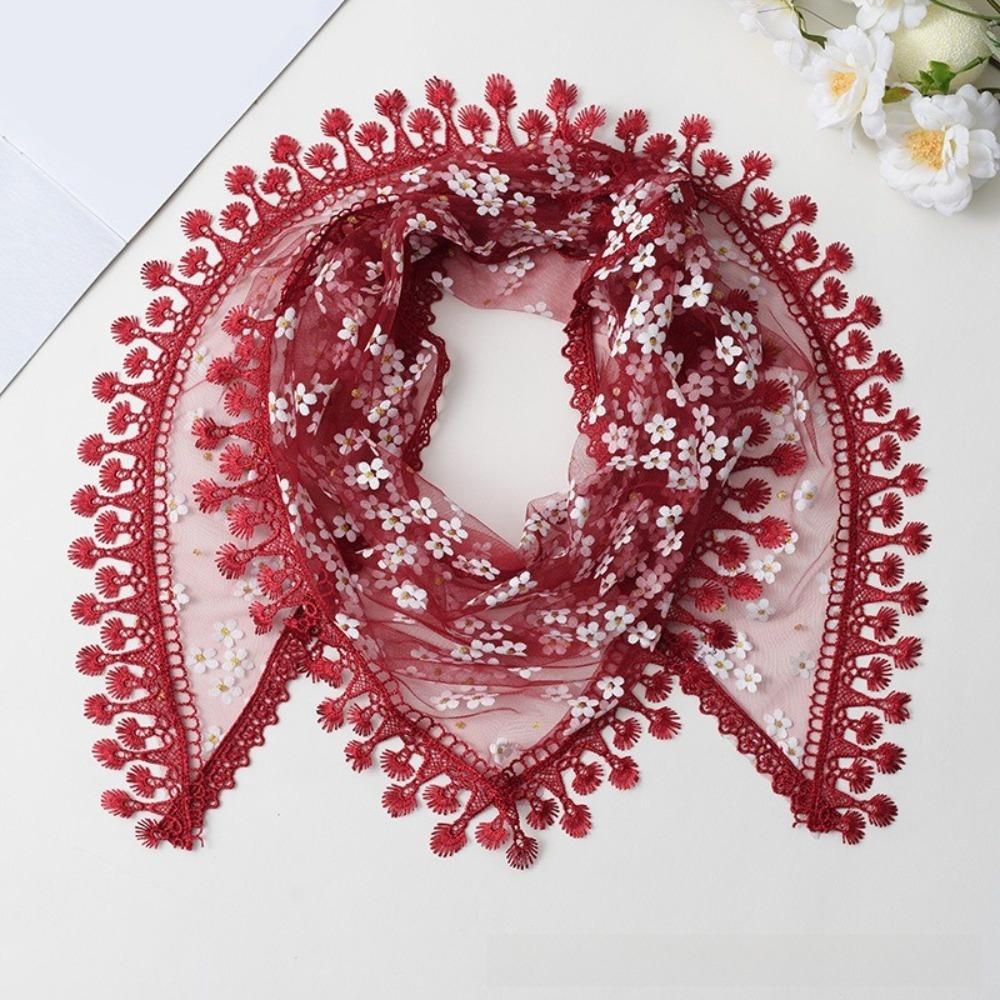 

Fashion Patchwork Women Tulle Shawl Hollow Multicolored Tassel Triangle Scarf Flower Evening Prom Cape for Church темно-червоний колір