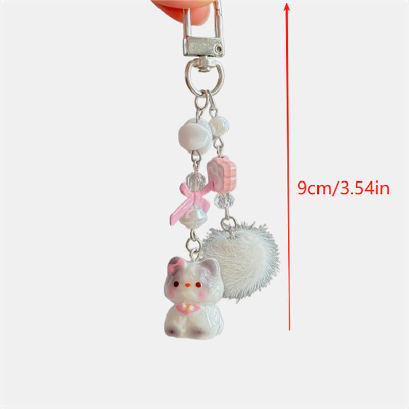 Sweet Cute Kitten Cat Fur Ball Bow Beads Keychain Pendant Phone Chain Lanyard Girly Backpack Charms Bag Hanging Ornaments Gifts