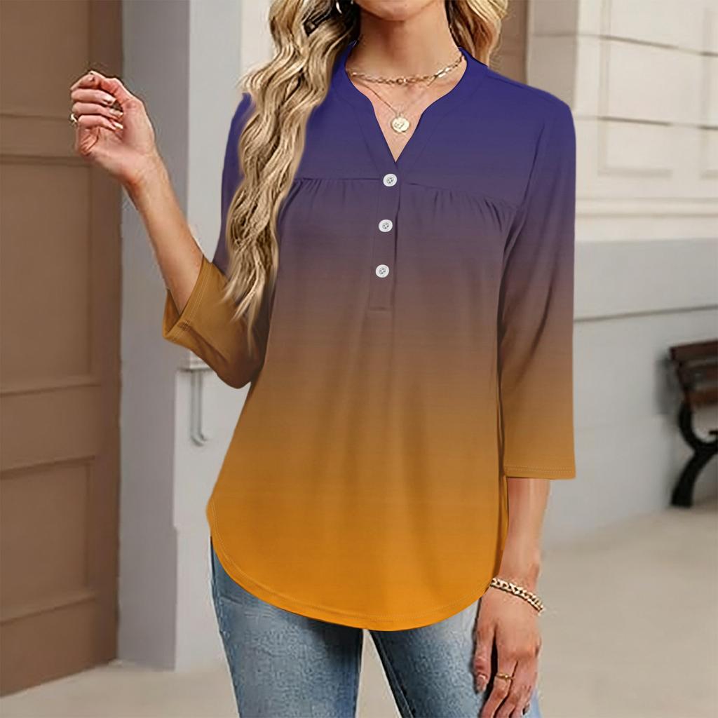 Women's Fashionable Casual Color Block Gradient Print V-Neck Button Three-Quarter Sleeve T-Shirt Top