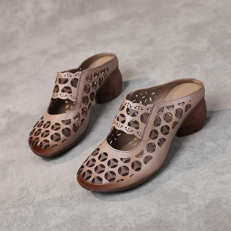 Baotou half slippers women's outer wear summer new leather middle heel soft sole hollow mother sandals women