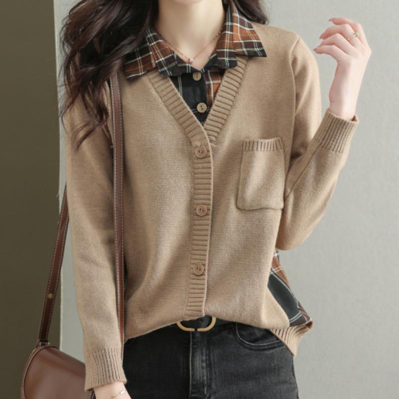 2024 Women's Spring Autumn Bottom Shirt Fake Two Piece Knitted Long Sleeve Tops Short Cardigans Sweater Femme Casual Knitwears Coat