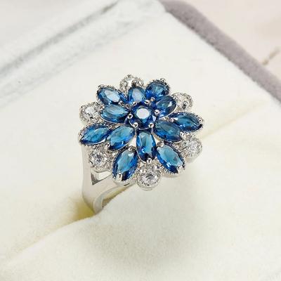 New Female Jewelry 925 Sterling Silver Hollow-out Blue Flower Big Zircon Stone Ring for Women Bridal Wedding Band Ring Bijoux