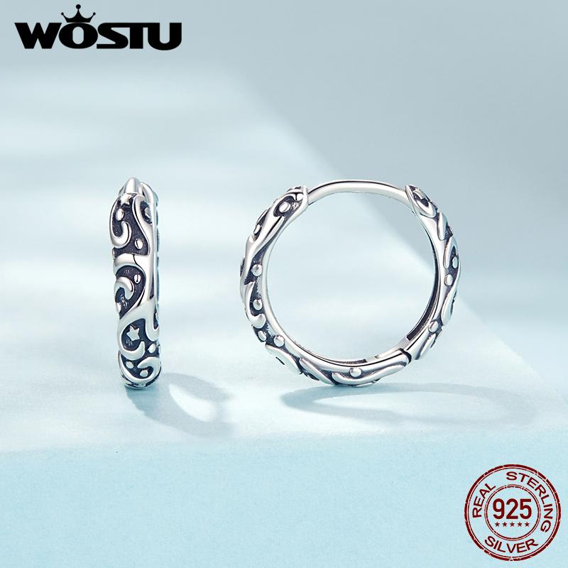 WOSTU Vintage 925 Sterling Silver Retro Pattern Hoop Earrings For Women Mom's Lady Party Dating Jewelry Gift