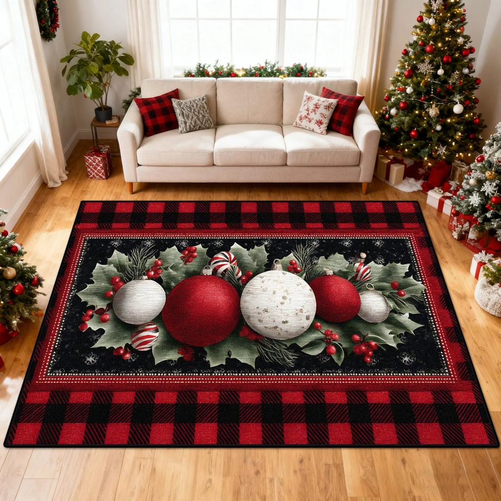 Holiday Holly Carpet Rug Christmas Bauble Snowflake Home Decoration Mat Festive Xmas Plaid Red Living Room Decorative Design