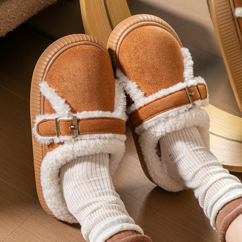 Thick Plush Warm Slippers, Women's Fashionable Buckle Home Anti-slip Cotton Shoes