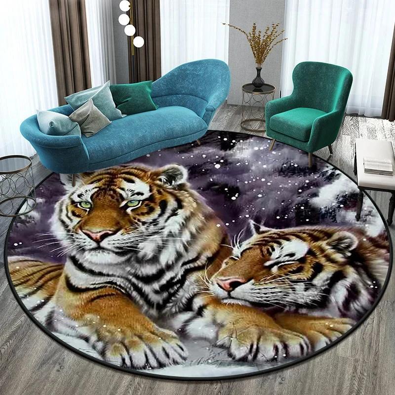 Cute Tiger Round Rug Wild Animal Carpet Non-slip Floor Mat for Living Room Bedroom Playroom Bathroom Decor Soft Circle Doormat