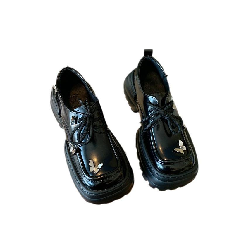 2025 spring and autumn new square head retro Mary Jane shoes butterfly big head small leather shoes platform muffin single shoes women