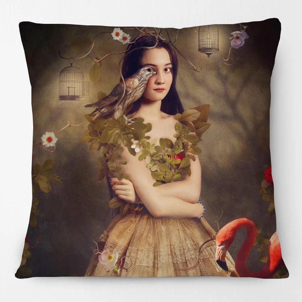 European Flower Painting Rose Dreams Woman Girls Portrait Poster Cushion Cover Birds Dove Home Pillow Case