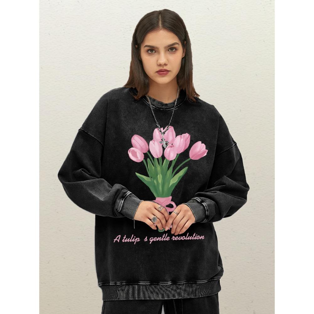 A Tulip A Gentle Neualution Pattern Women Washed Sweatshirt Autumn Casual Sportswear Loose Clothing Streetwear