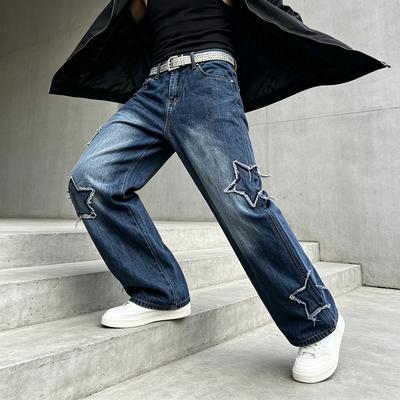 Street Trend Four Seasons Casual Pattern Loose Star Embroidered Jeans Men