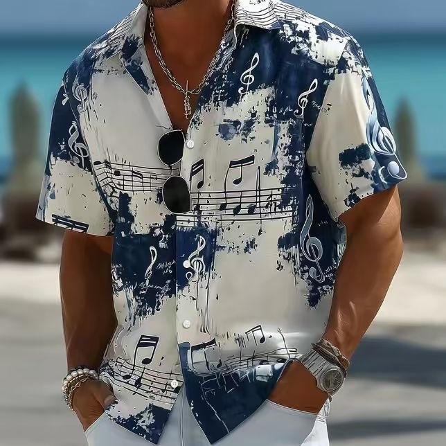 Hawaiian Loose-fit Short-sleeve Shirt, Men's Summer Musical Note Print Short-sleeve Shirt