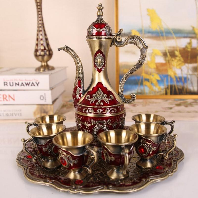 European Wine Set, Alloy Home Wine Pot Wine Glass Set, Red Vintage Wine Glass, Old Wine Pot Home Living Room Decoration,1Set