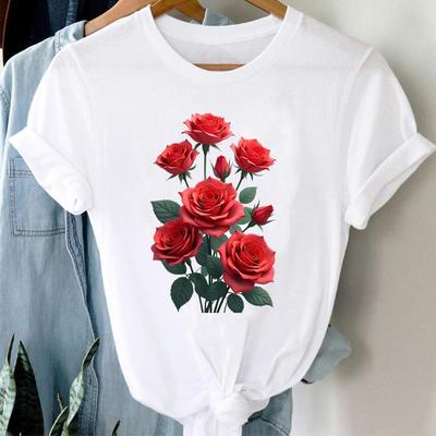 (Asian Size) Casual Trend Flower Sweet 90s Tee Top Short Sleeve T Shirt Fashion Women Clothing Printed O-neck Ladies Female Graphic T-shirts