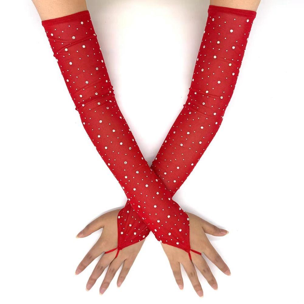 Shiny Rhinestone Mesh Gloves 42cm Glitter Long Gloves Elegance Party Costume Dancing Prom