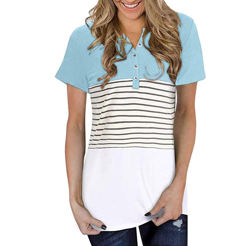 Cheap Womens Buttons V Neck Striped T Shirts Casual Loose Short Sleeve