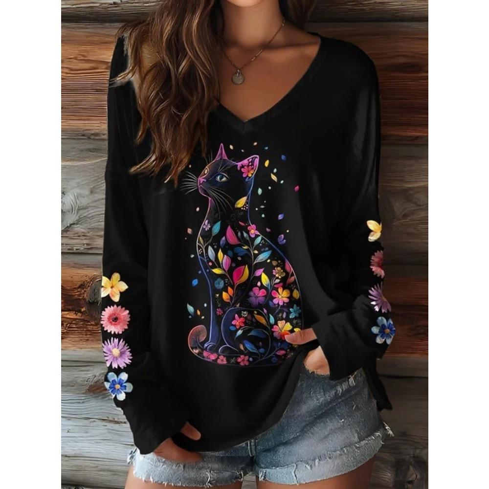 

Women s T-Shirts Floral Graphic Animal Cat Tee Fashion Stylish Long Sleeve Tops XXL