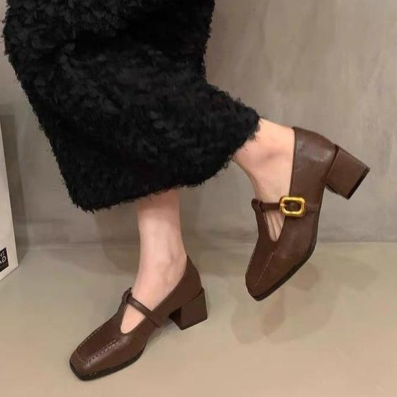 

French Retro T-shaped Mary Jane Shoes for Women in Spring and Autumn 2025, New Style with A Bold Heel for Commuting Women 35 светло-коричневого