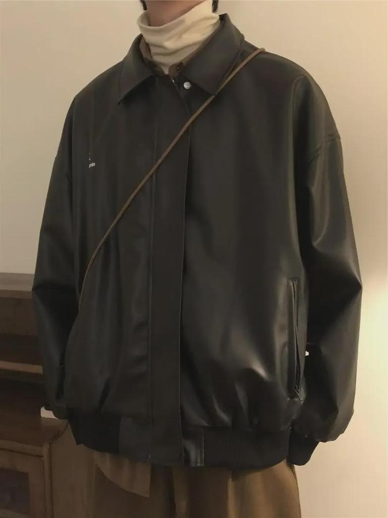 Men's Black Leather Motorcycle Jacket, Slim Fit, 2023 Spring Korean Style Trendy Coat