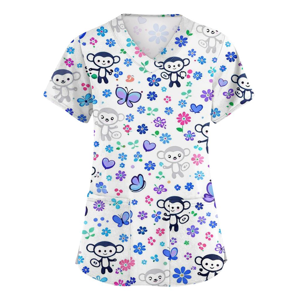 Women's Casual Short-Sleeve Cute Animal Print V-Neck Pocket Workwear Top