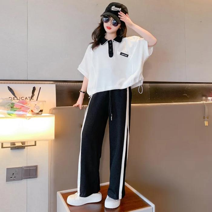 Girls  Spring Summer Clothes Children Set Kids Loose T-shirt Top and Bottom Striped Wide Leg Pant