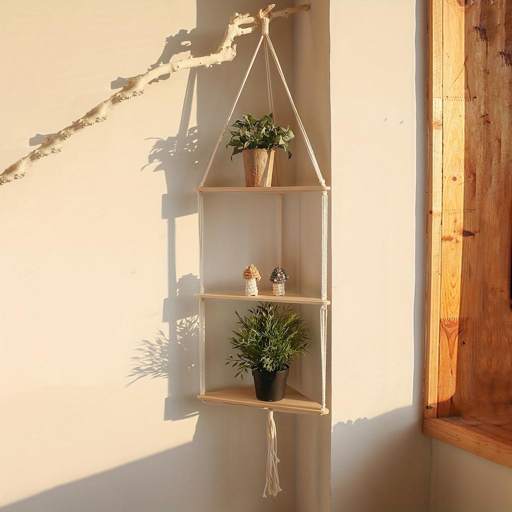 Boho Chic Triangular Wooden Floating Shelf - Wall-Mounted Corner Storage For Plants & Succulents, Perfect For Home, Bedroom, Living Room Decor