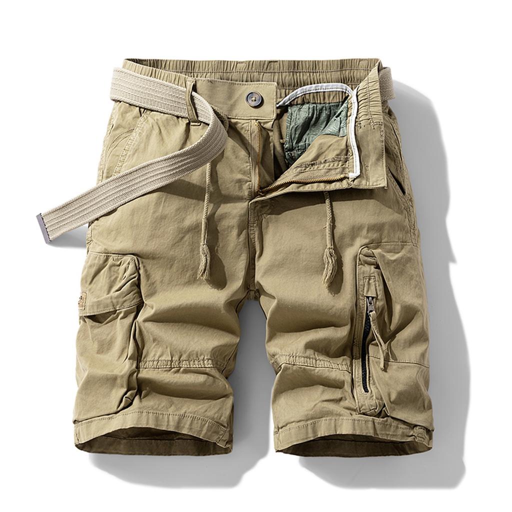 Men's Solid Color Work Pants, Cotton Five Quarter Pants, Retro Washed Multi Pocket Straight Leg Work Pants
