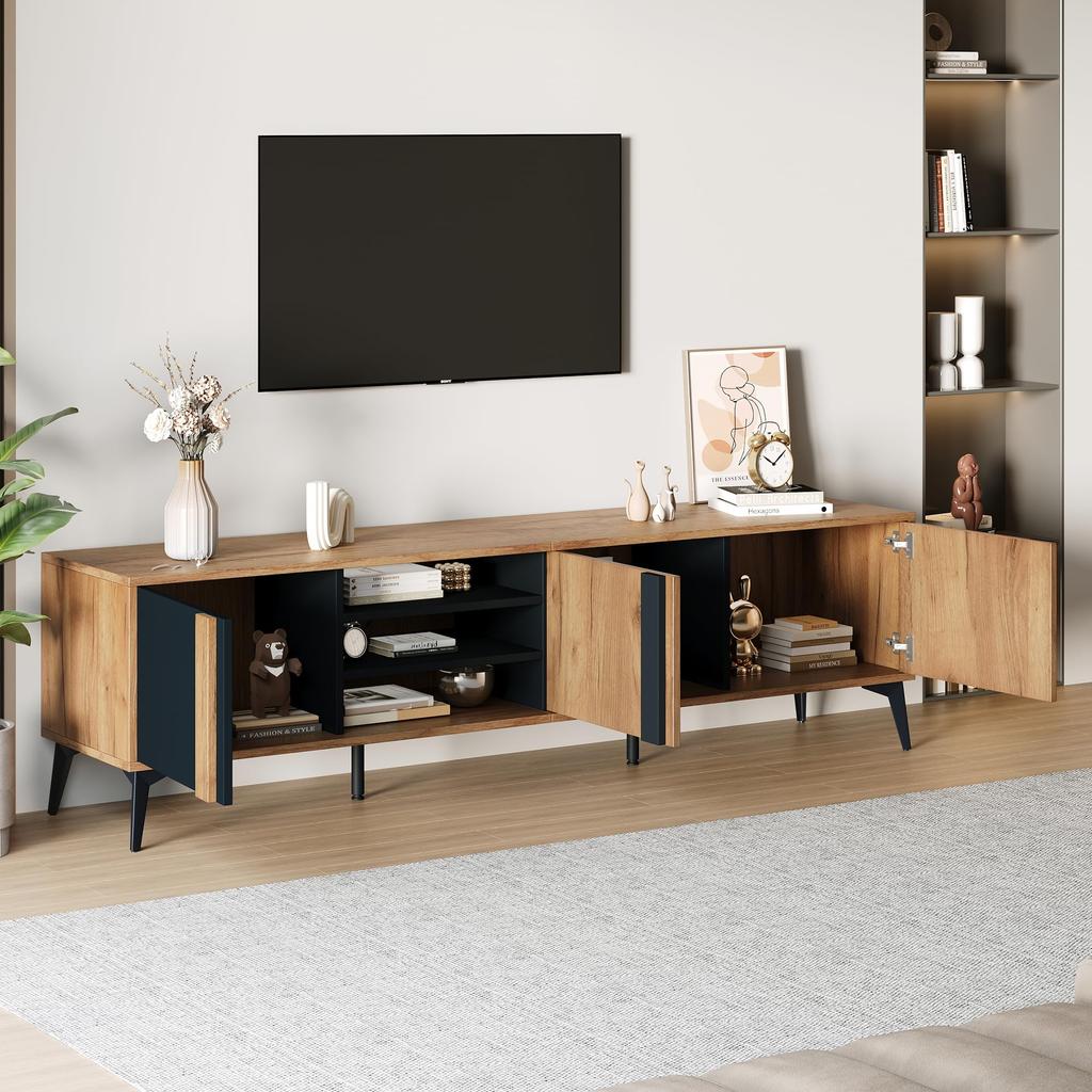 TV Cabinet for TVs Up To 80 Inches, Modern TV Lowboard with 3 Open Compartments, TV Chest of Drawers, Living Room Dining Room, Brown & Black, 180x40x50cm