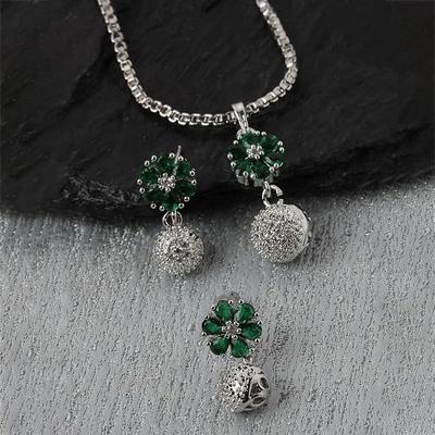 Rhodium-Plated Silver Toned Green Cubic Zirconia Studded Floral Shaped Cute Pendant with Earrings Jewellery Set
