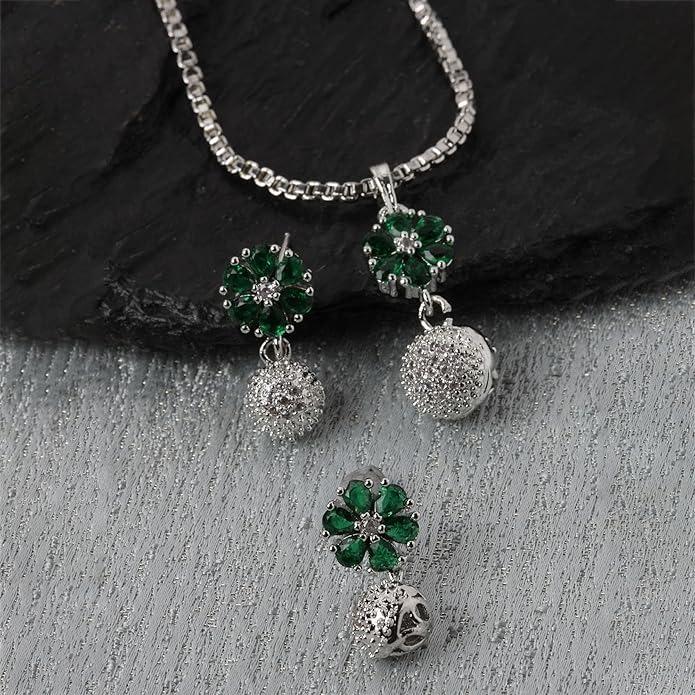 Rhodium-Plated Silver Toned Green Cubic Zirconia Studded Floral Shaped Cute Pendant with Earrings Jewellery Set