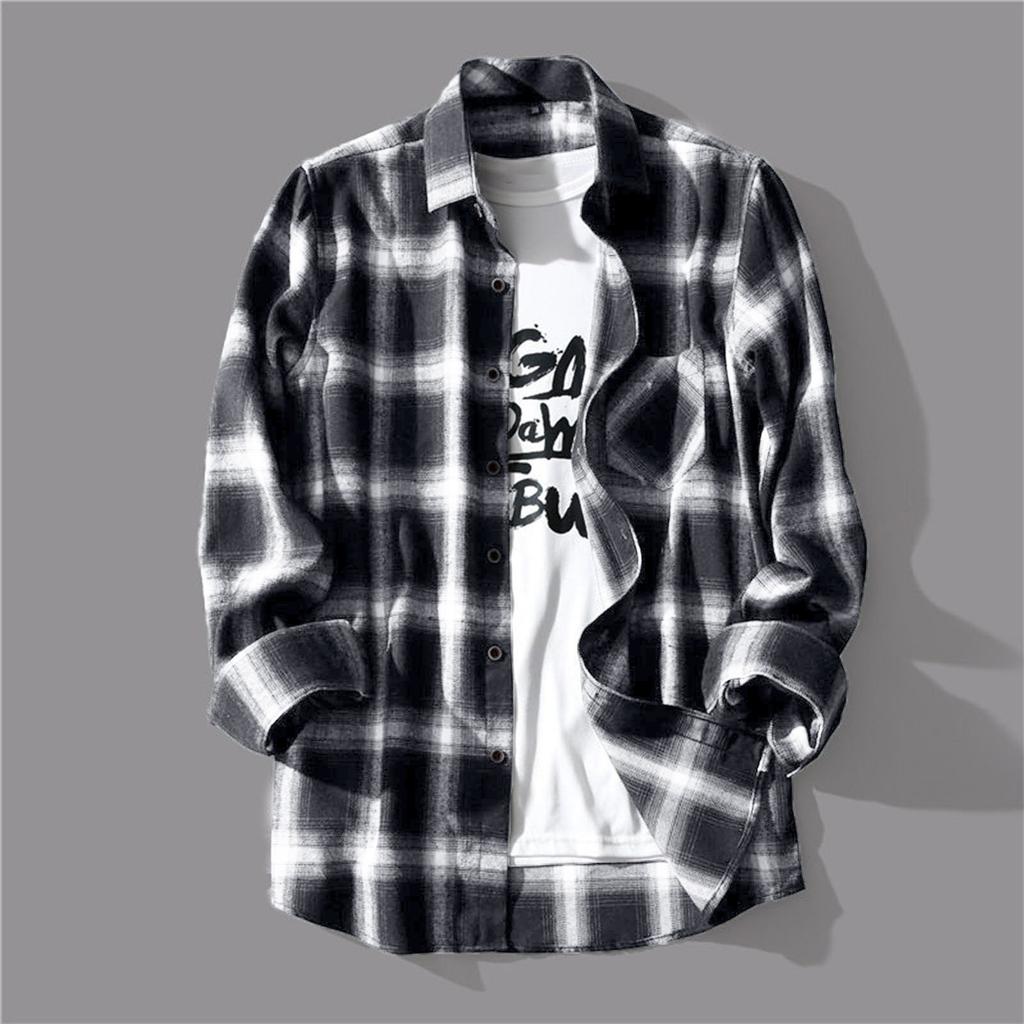 Men's Blouses Lapel Shirt Long Sleeve Plaid T-shirts  Loose Shirt With A Coat Button Down Casual Shirts Plus Size Fashion Tops
