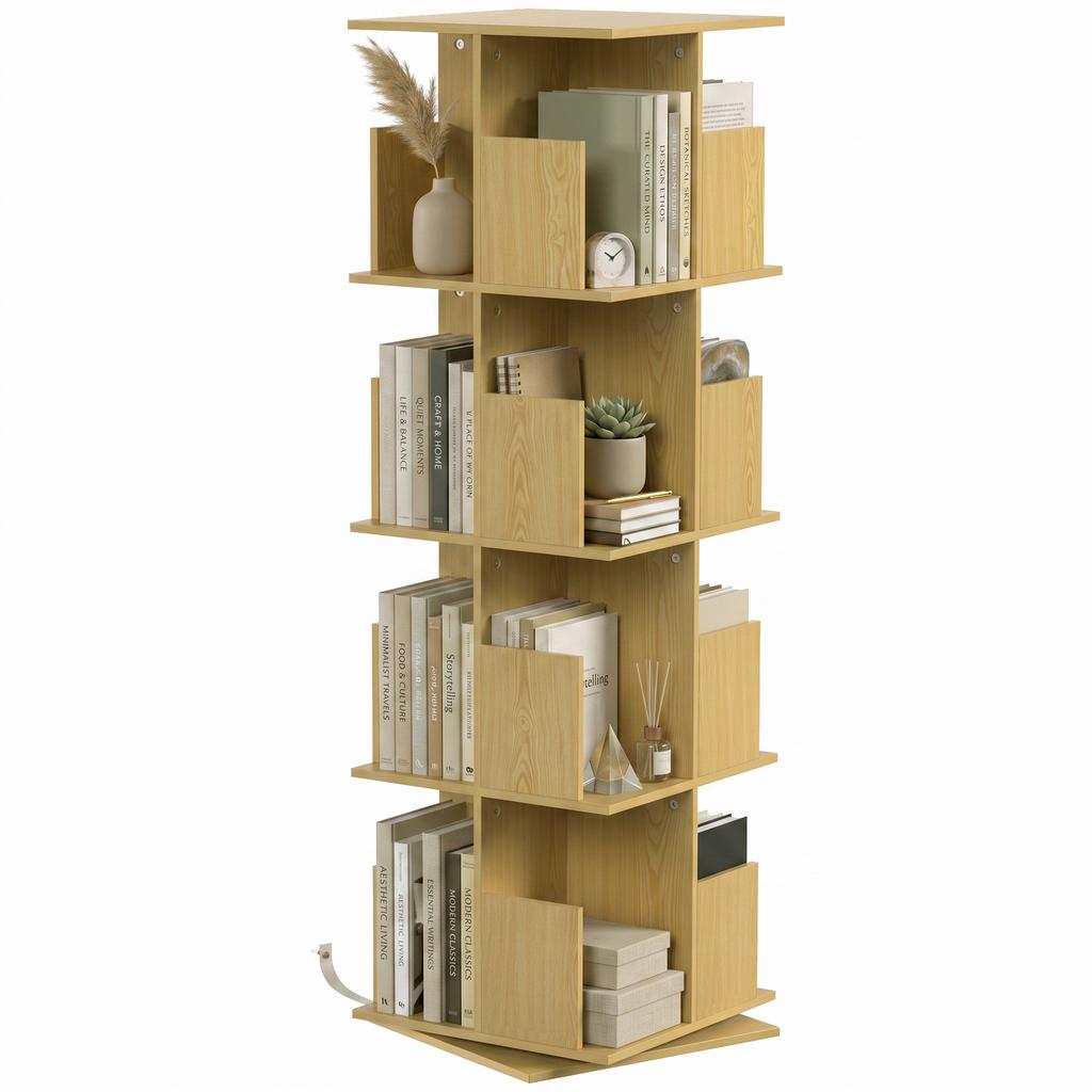Rotating Bookshelf, 360 Degrees, 4 Shelves, 39 x 39 x 128.3 cm, Oak