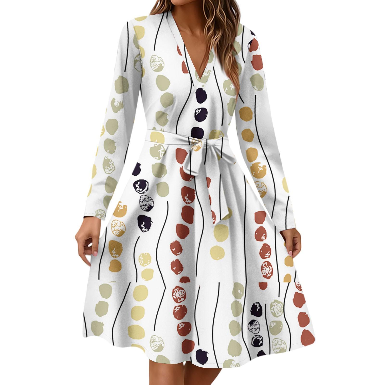 

Women s Fashion Casual V-Neck Long Sleeve Waist Floral Print Midi Dress M жовтий