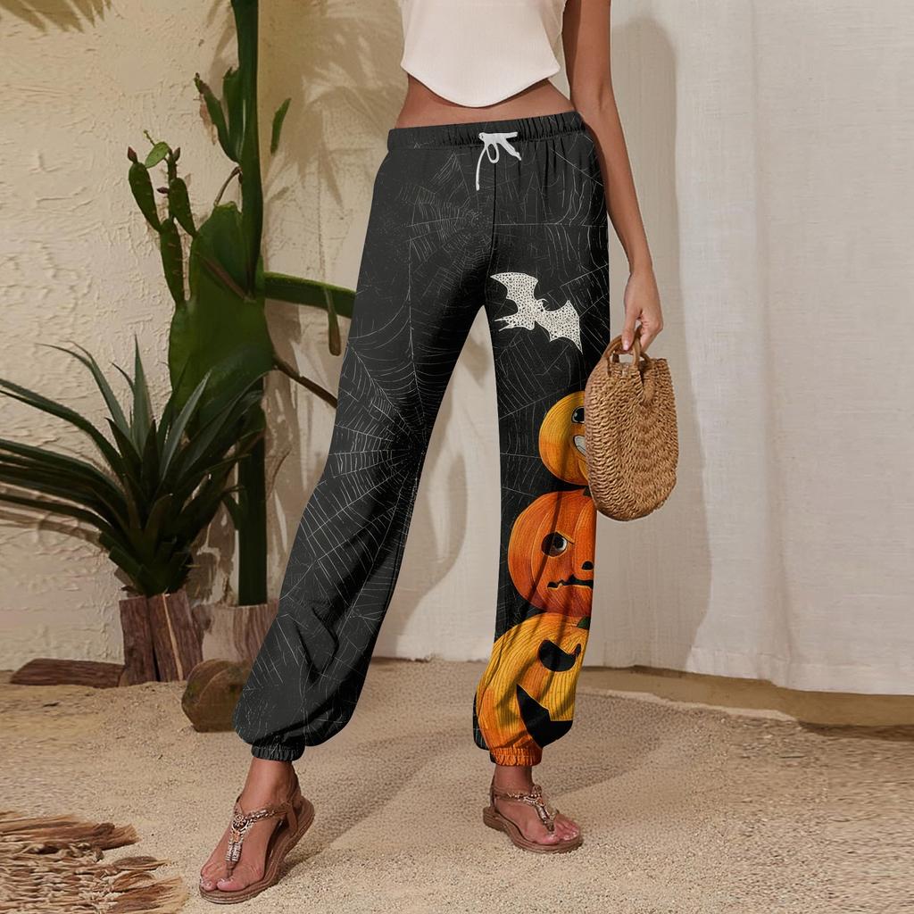 Women's Halloween Print Joggers with Drawstring Elastic Waistband and Cuffed Hem for Casual Everyday