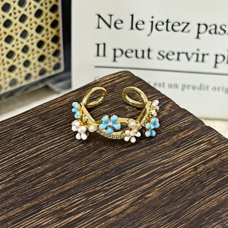 Medieval Gold High-End Elegant Enamel Open Ring Cold Wind Light Luxury Flower Index Finger Ring Female