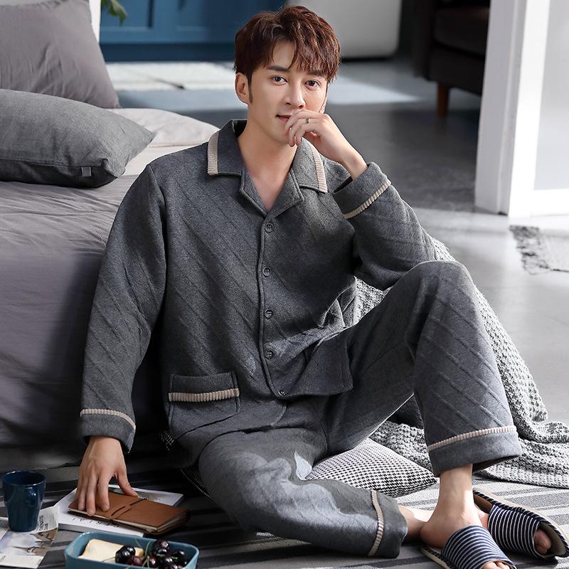 Pajamas Men'S Spring And Autumn Thickened Cotton Long Sleeves Autumn And Winter Thin Cotton Padded Men'S Air Cotton Homewear