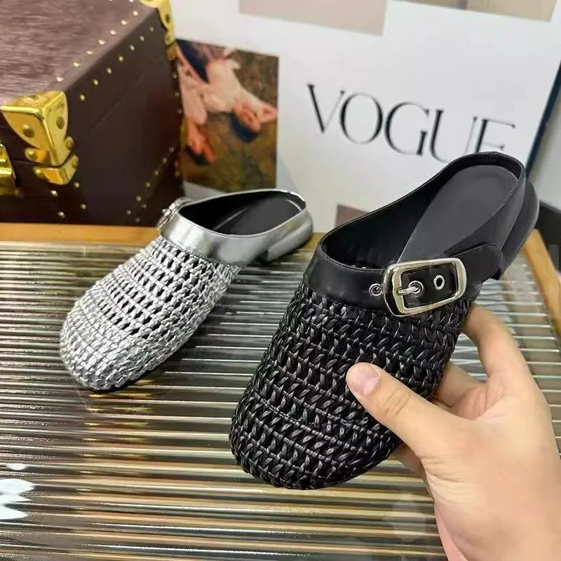 Fashion 2025 New Belt Buckle Elegant Women's Closed Toe Slide Sandals Summer Mesh Rhinestone Retro Chic Outdoor Slippers Zapatos Mujer