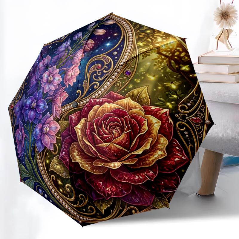 1pc Sturdy 8-Bone Auto Umbrella, Dewy Red Rose Umbrella, Digital Printed, Foldable Umbrella for On-the-Go Outdoor Use