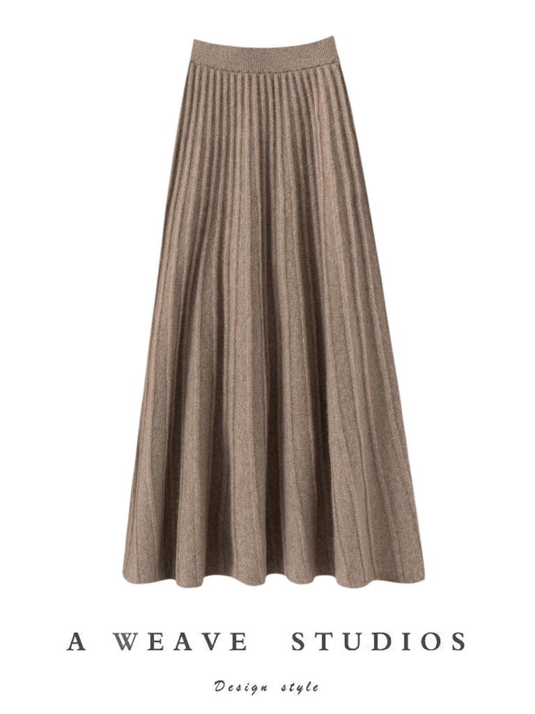 Women's 100% Pure Cashmere High Waist Long Skirt - Solid Color, Elastic Drape, Plush for Autumn/Winter