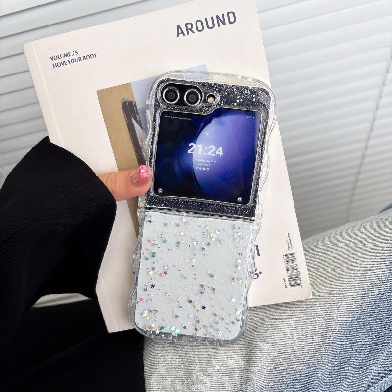

Three-Star Epoxy Glitter ZFLIP7 Foldable Transparent Phone Case for Zflip3, Zflip4, Z5, Z6. Galaxy Z Flip 3 белый глиттер