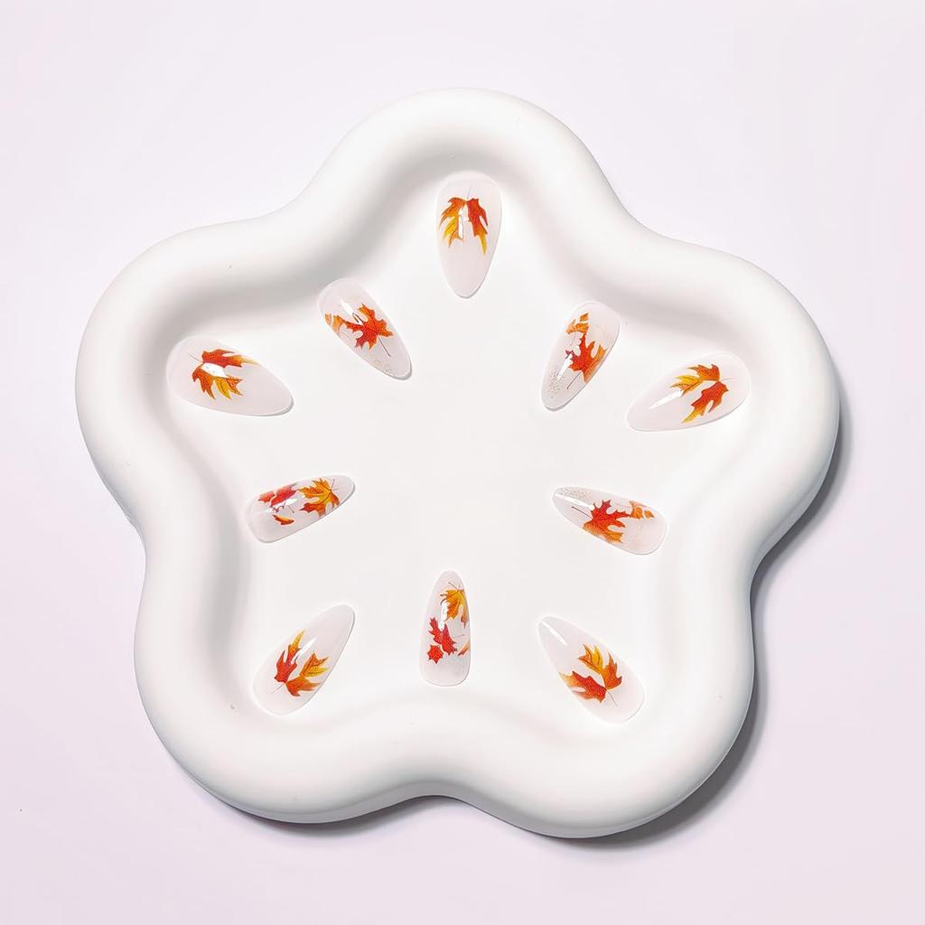 24Pcs Fall Press On Nails Medium Almond Fake Nails Glossy Glitter Maple Leaf False Nails Full Cover Thanksgiving Glue On Nails Reusable Acrylic