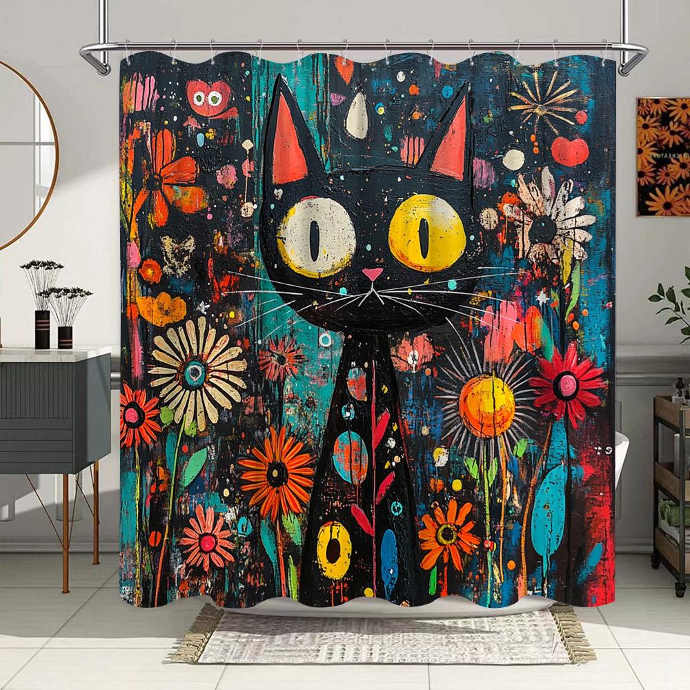 Vibrant Cat & Floral Shower Curtain - Waterproof, Mildew-Resistant With Artistic Design For Playful And Colorful Bathroom Decor