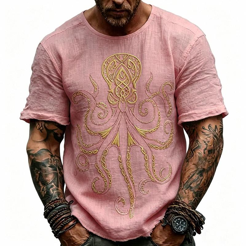 Camiseta de Manga Corta para Hombre de Mezcla de Lino Color Beige con Estampado de Pulpo