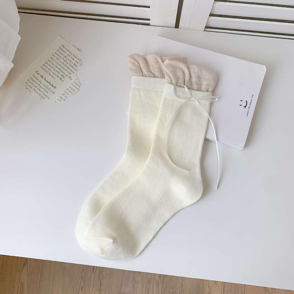 Ballet Style Sweet Flower Bud Socks Fake Two Pieces Of Color-Blocked Bow Stack Socks Cute Girl Versatile Socks