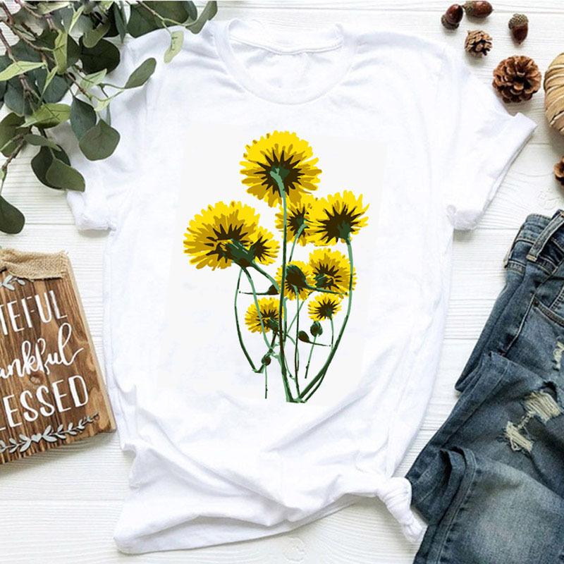 Women's dandelion floral print letter t-shirt - Trendy women's T-shirt with short sleeves Summer polyester fabric