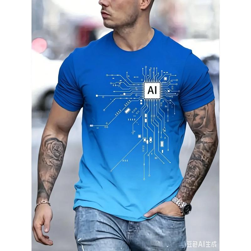 2026 New Men's AI Circuit Board Print T-shirt Gradient Crew Neck Short Sleeve Casual Tee for Streetwear Summer Breathable Tops